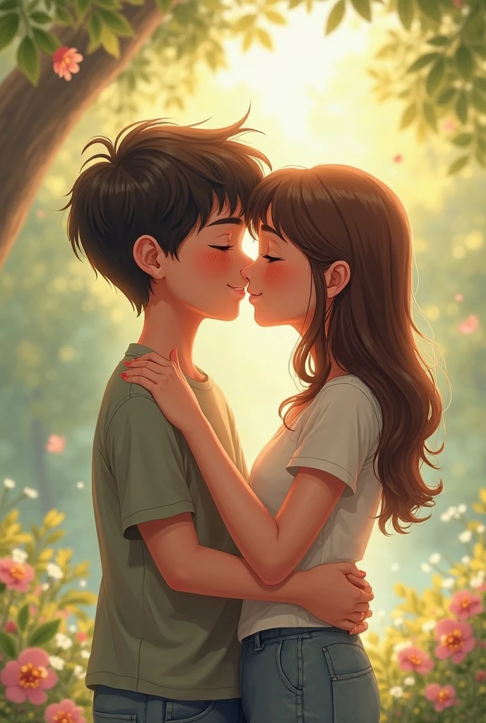 Boy and girl kiss