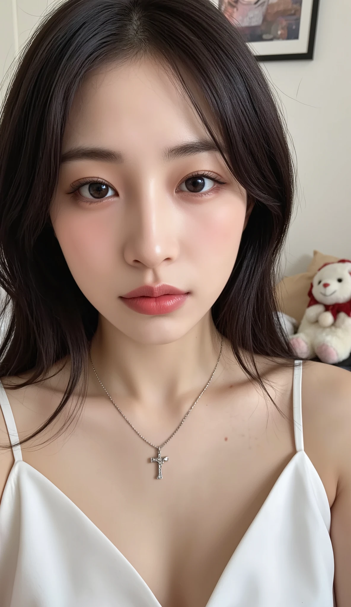 a hyper-realistic selfie of a stunningly beautiful Korean female idol, soft diffused natural light in a cozy bedroom, perfect skin texture with visible light pores and a natural glow, deep expressive eyes with bright catchlights, natural glossy pink lips, long silky black hair slightly tousled, wearing minimal natural-toned makeup, a silver cross necklace, subtle cleavage visible, candid and serene expression, captured with an iPhone 14 Pro, slight head tilt, warm and intimate color tones, shallow depth of field, high realism, 8k cinematic portrait style, emotionally elegant atmosphere, soft bed and plush toys in the blurred background
