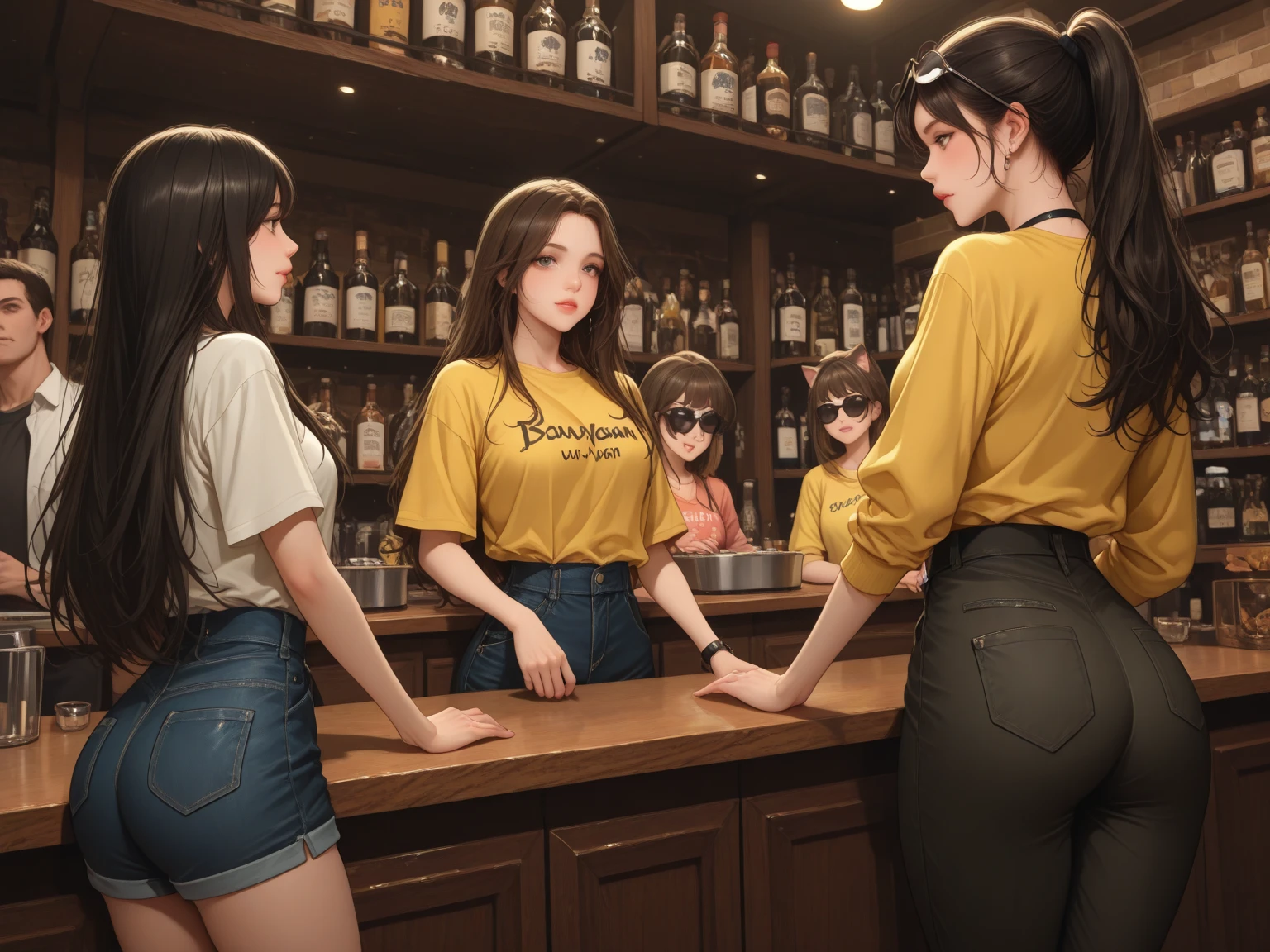 there are Two women sitting at a table with one men standing behind them, women's attractive eyes are looking backside of the men. drinking beer, drinking a beer, drinking alcohol, sky high level of alcoholism, in a bar, drinking at the bar, holding beer, drinking and smoking, in a pub, with a drink, alcohol