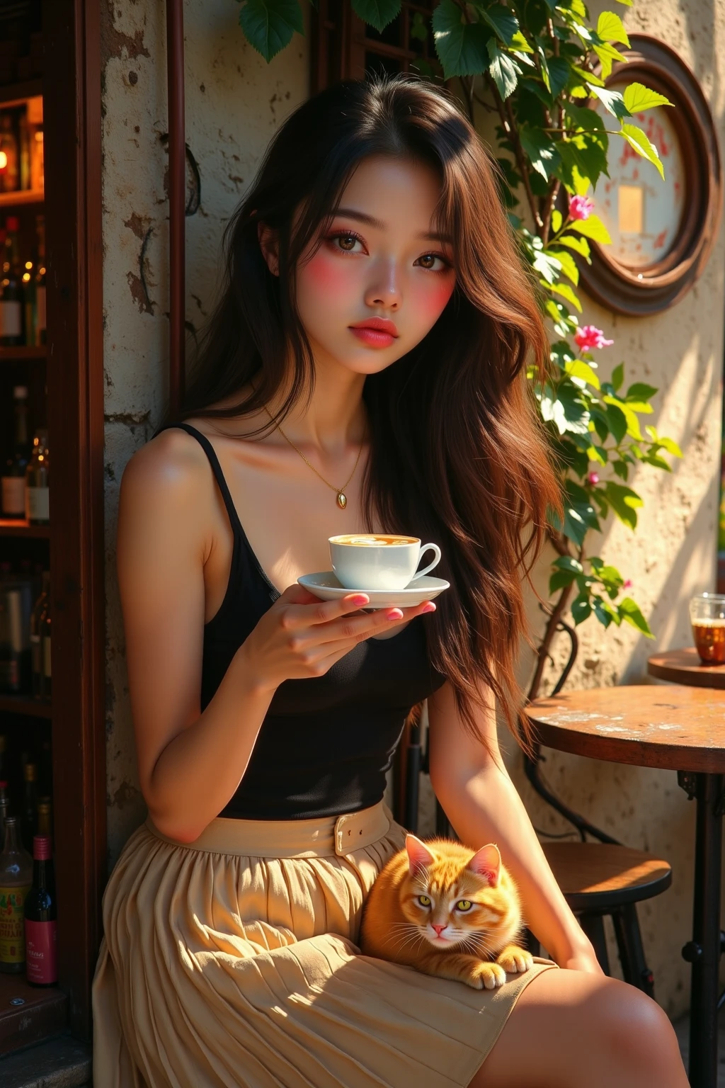(highest quality:1.2), 4k, 8k, High resolution, masterpiece: A superbly detailed, realistic portrait of an 18-year-old aristocratic girl's upper body, showcasing her exquisite features and clear, shining eyes. The intricacies of her long, curly hair are beautifully captured, with each strand expressing its own unique texture. She maintains a relaxed and natural posture, yet her elegant pose perfectly exemplifies the golden ratio of head and body.in a shopping mall holding a starbucks coffee and a shopping bag with her hair tied up in a pony tail, the portrait boasts expressive brush strokes that add a mysterious and artistic interpretation to the subject. Delicately coiled locks
