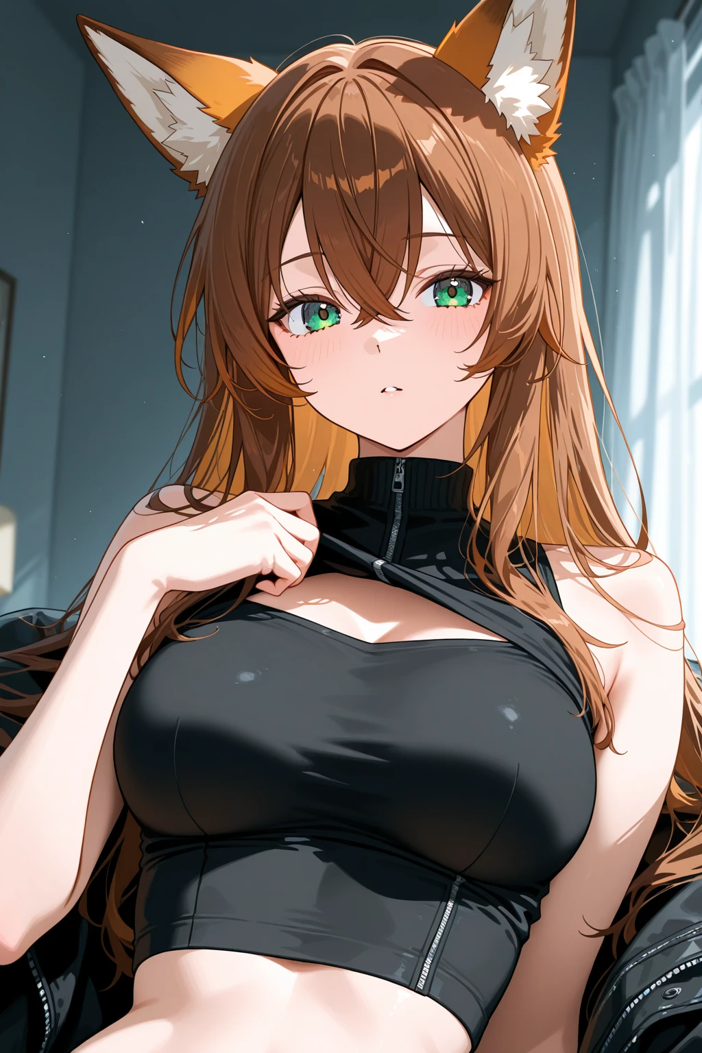 Simple White Background, Black shirt,long sleeves,turtleneck, hair ornament, Green eyes, Orange hair,bangs,Long hair, 1 girl, 20yo,Young female,Beautiful long legs,Beautiful body, Beautiful Nose,Beautiful character design, perfect eyes, perfect face,expressive eyes,perfect balance, looking at viewer,(Focus on her face),closed mouth, (innocent_big_eyes:1.0),(Light_Smile:0.3), official art,extremely detailed CG unity 8k wallpaper, perfect lighting,Colorful, Bright_Front_face_Lighting,White skin, (masterpiece:1.0),(best_quality:1.0), ultra high res,4K,ultra-detailed, photography, 8K, HDR, highres, absurdres:1.2, Kodak portra 400, film grain, blurry background, bokeh:1.2, lens flare, (vibrant_color:1.2),professional photograph, (Beautiful,large_Breasts:1.4), (beautiful_face:1.5),(narrow_waist), (((upper body)))