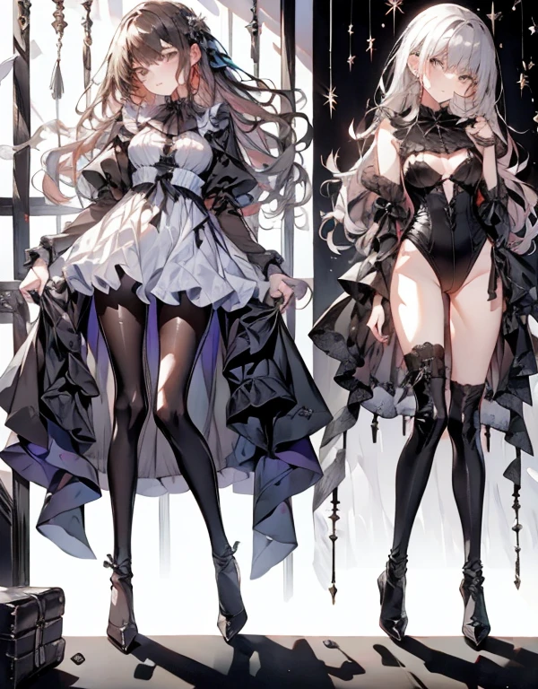 silver hair,black silk high heels,小短裙masterpiece, full body view, Mainly beautiful slim babes, girl beautiful breasts, beautiful thighs, Beautiful waist, light particles, pixiv, high quality, 8k, masterpiece, HD, fine details