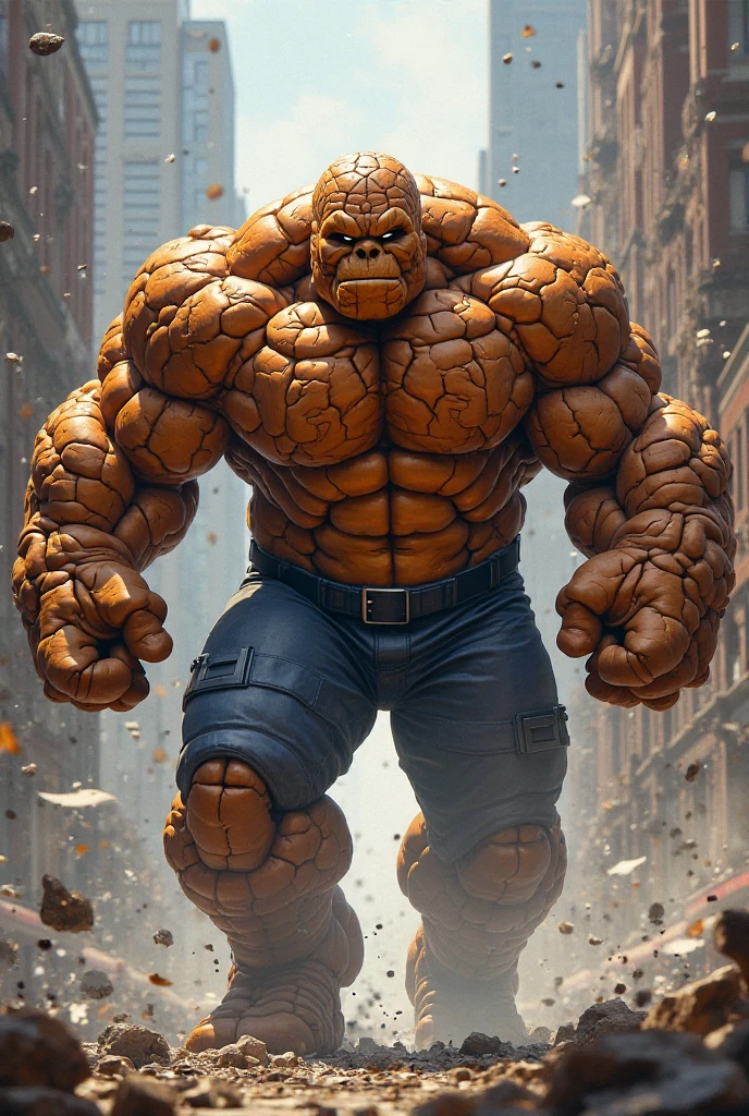 Man with cracking stone face. Human thing marvel. Very dry skin. Wear pant, shirtless. Korg. Fantastic 4 character the thing. Orange skin rock dirt skin. Wear elastic pant ,loose ear. Big head. Bulking short body. Normal people body type. Ben Grimm. Fantastic 4 character,in lab . Hologram everywhere. Data. Stone ear mount. Very chubby. Big "4" white blue color logo on center of belt.