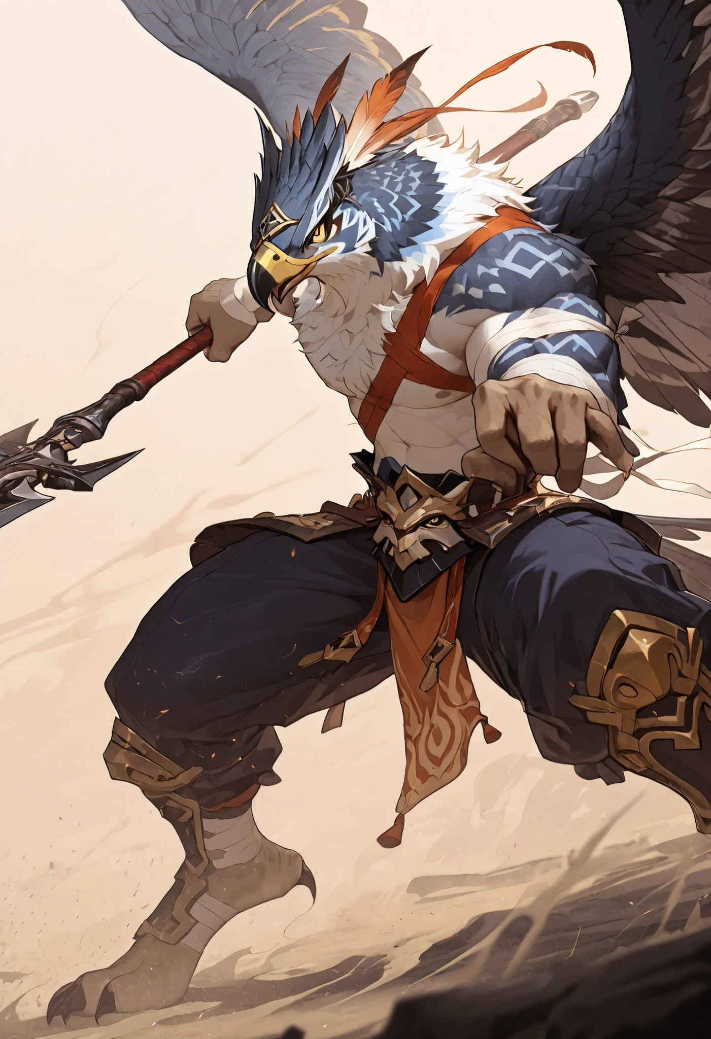 realistic, real shadow and light,depth of field, Athletic body, commission for high res, anthropomorphic, there is a falcon, White fur, fluffy, furry, topless, muscular body, bare chest, (wearing tiny thongs), fight pose, fighting stance, in the deep woods, (fight pose), close up, (close up), holding long spear, feather circlet, huge falcon wings, feather all around, fight stance, windstorm, sandstorm, (bandage tied around the chest), (bandage), bandage arms, (long spear), fluffy, feather, see through thongs.