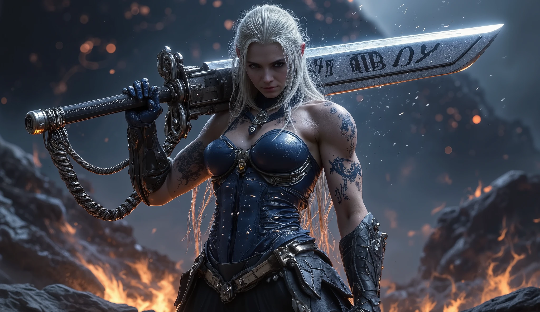 Smith transforms into a warrior , Her icy face、full of traces of time and the battle. Her habits are broken , covered with、was stitched with patches of leather and metal mesh that were mismatched, showed light scars and vivid tattoos on her collarbone . a huge sword with dark navy blue hands on her shoulder, A rune engraved with a dragon on her sword , along with a dragon around her waist , shines brightly in the night sky . she finds herself on a broken peak , looks out at the burning battlefield , His posture is firm