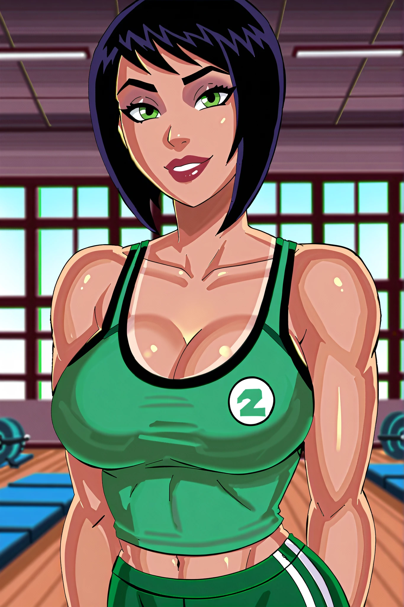 solo, 1girl, looking at viewer, bob cut, black hair, tan skin, , cleavage, BREAK, score_8_up, score_7_up, score_9, score_6_up, high quality, best quality, face focus, lipstick, makeup, happy expression, bedroom eyes, smiling, closed mouth, olive green racerback sports bra, olive green workout shorts, indoors, workout room, standing, closeup, portrait, upper body