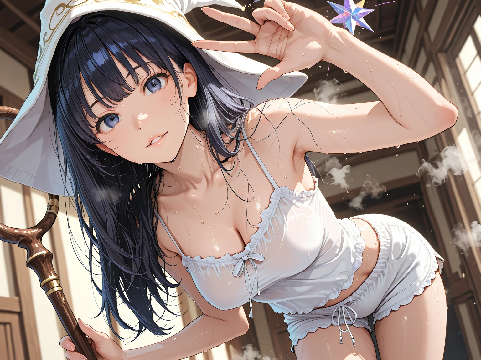 NSFW,Anime girl with long hair and blue eyes bathing, ArtStation Pixivでトレンド, Purple eyes, beautiful (Fine grain, Detailed face,) ,No watermark,Showing armpits,Large bust、Embarrassed、Raising left hand、Clothes that show the navel、Panties in full view、I can see her boobs
