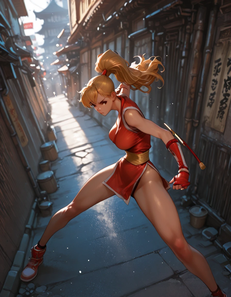 Cammy from Street Fighter 3, Cammy in the style of real life, photorealistic renditions of a Street Fighter 3 Cammy, long braided Blond Hair, tight Green one - piece, smooth skin, long legs, red gloves, red Barret hat, i want the whole image to be created in 3D anime style, solo, long hair, looking at viewer, black hair, 1boy, hair between eyes, brown eyes, sitting, male focus, japanese clothes, kimono, blurry, depth of field, blurry background, messy hair, realistic, red kimono