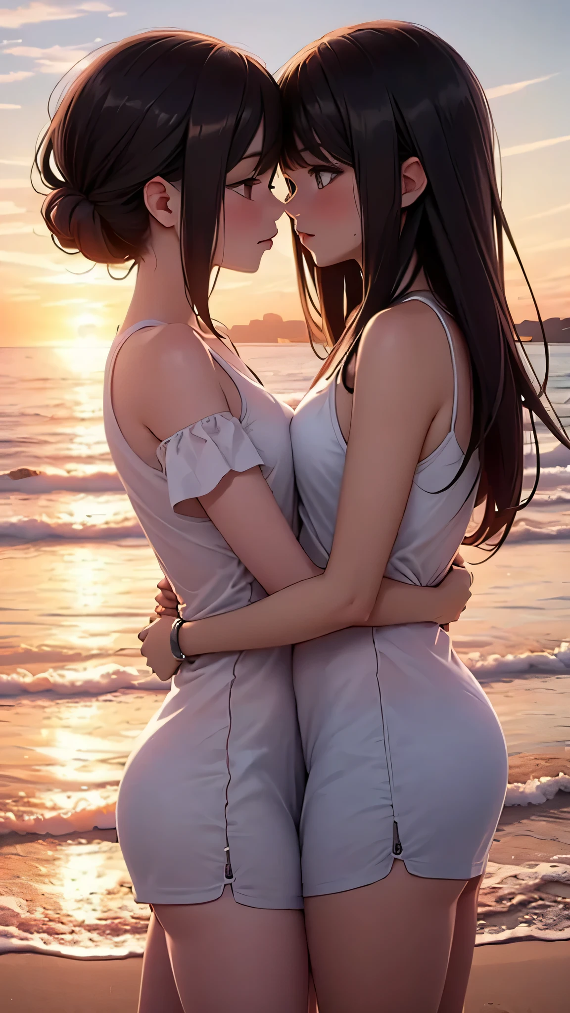 hugs kisses two twin girls, tender, sisters, on the beach, warm sunset, knows The sandbank , Waves, sunsets, romance, High Quality, detailed, realistic, фотоrealistic, rich colors, soft lighting, blurred background