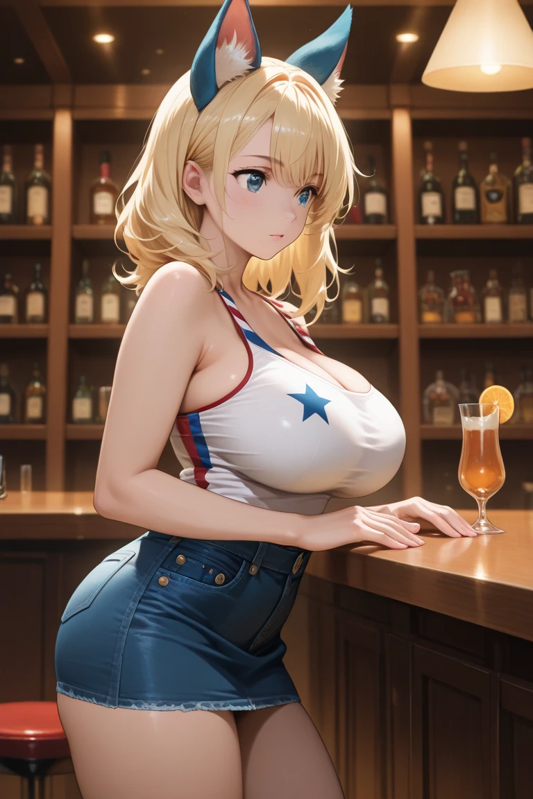 bar counter、Woman making drinks、Woman shaving ice、Tank top、denim、smile、High definition、Highest quality、Blonde、gigantic breasts,bursting breasts、best quality, perfect skin、