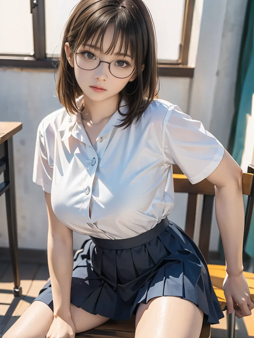 very cute and beautiful girl,(Very detailed美しい顔),(((A very cute face like a top Japanese idol)))、White blouse,ribbon,(Pleated check mini skirt),
Black Hair,Wooden classroom,
(Highest quality,masterpiece:1.0),Absurd,High resolution,Very detailed,Detailed Background,alone,Composition from the front,Long Hair、(((Glasses)))、Sit on a chair、Grey panties in full view、((closed eyes)))、((((Sleeping on the floor))))、sleep、(((Full view of boobs)))