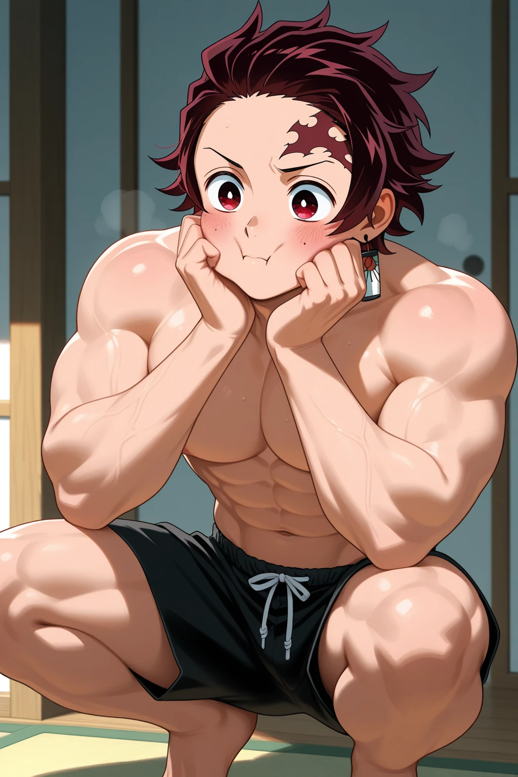 Grinning fearlessly,(((8-year-old boy))),Huge muscles,Huge penis,Glare