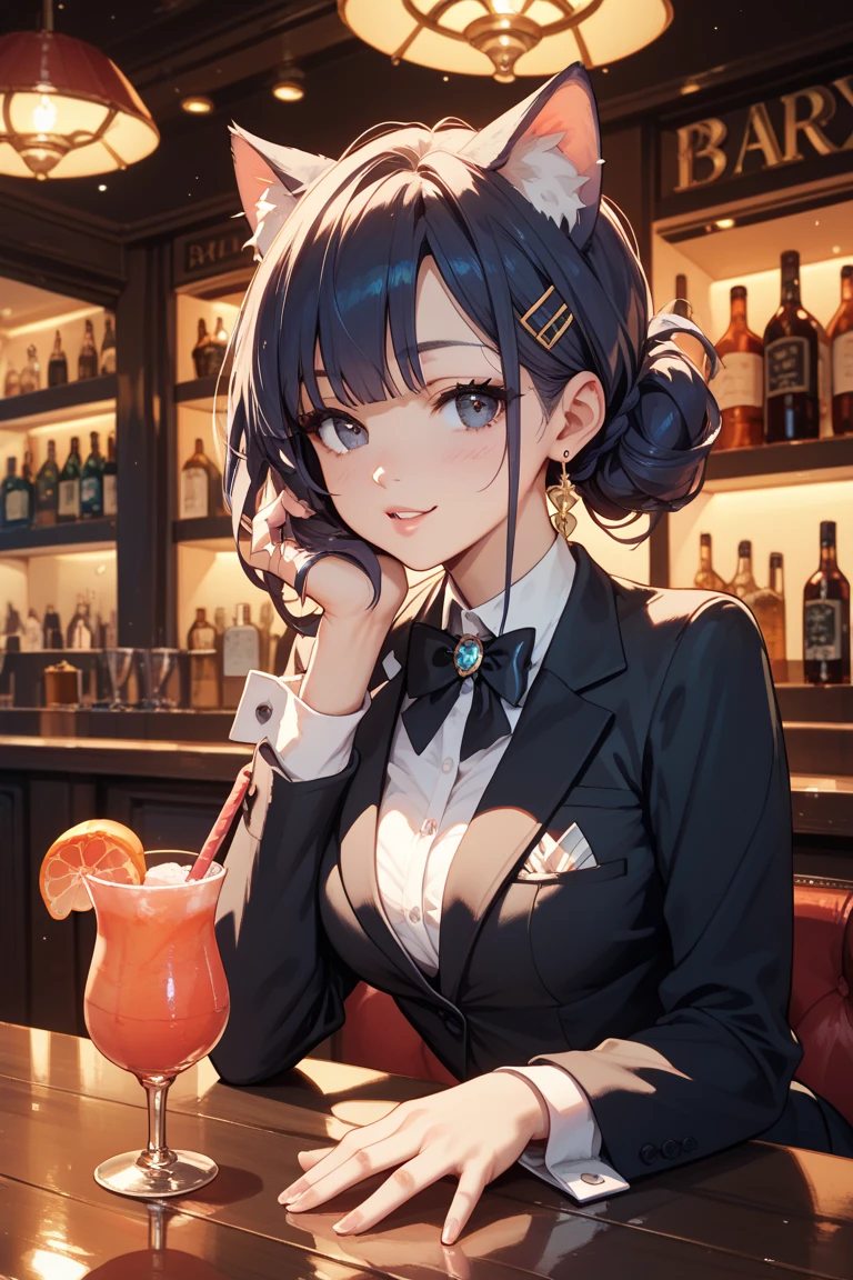 Night Bar　Female bartender with cat ears　black suit　Close your eyes and make a cocktail