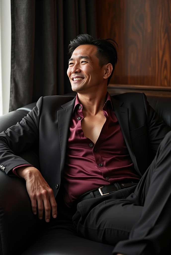 photorealistic,man,Thai person,Age 59 years,little black hair,Looks good,Oval face,smile,Wear black pajamas,Sit and read a book.,At the casino,Catch the book,Take a picture of yourself,Sharp picture,realistically.