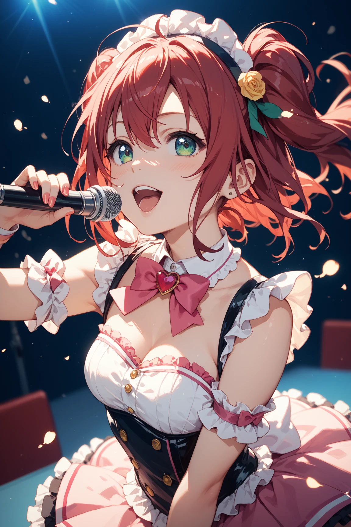 idol dancing in front of a microphone, ((1girls:1.3)), ((moe style:1.3)), idol, microphone, dancing, ((large breasts:1.3)), ((centerfold:1.3)), ((extremely feminine:1.3)), perfect hands, ((perfect face)), ((extremely cute:1.3)), ((masterpiece)), ((8k)), ((best quality)), ((beautiful)), ((extremely detailed:1.3)) , ((absurdres)), AddXL, ((score_9:1.3)), ((score_8_up:1.3)), ((score_7_up:1.3)),