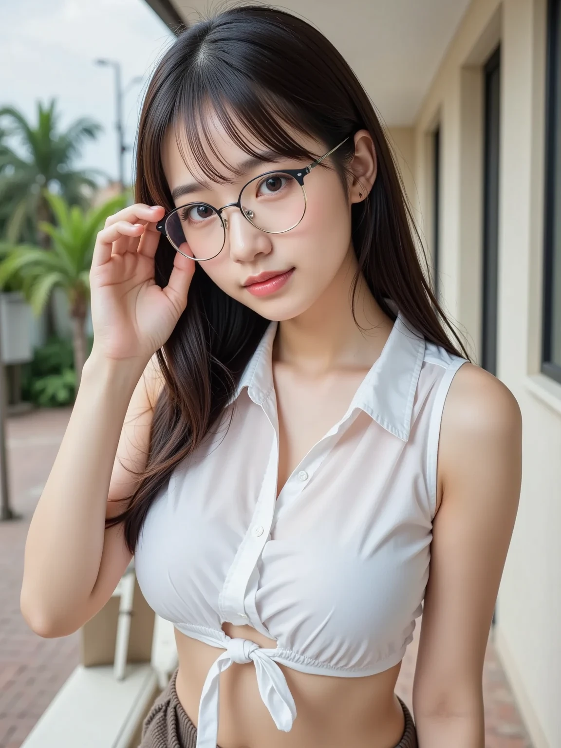 (Best quality, masterpiece, detailed), (RAW, 4k, hd images), shy, 1 girl, 17 years old, white skin, long hair, ponytail, layers hair, bangs, black hair, beautiful girl, cute girl, sweet girl, pretty girl, perfect girl, pretty eyes, blue eyes, thin lips, thin, (eye line, lip stick soft), perfect round breast, glasses(detailed frame), outdoors, smile, waist, hips, overall clothes, random angle capture, half body, cleavage, potrait