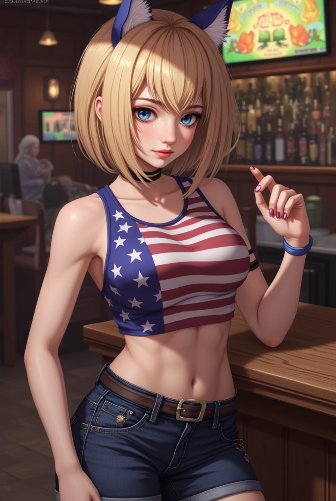 score_9, score_8_up, score_7_up,score_6_up, score_5_up , large breasts, 1girl, solo, HolliW, holliw,makeup, blonde hair, bangs, side locks, thick eyebrows, hair between eyes, curvy, choker, skindentation, bar \(place\), neon lights, light particles, looking at viewer, nude male, huge penis, huge testicles, muscular male, medium breasts, boyfriend, couple, looking at viewer, faceless male, light skinned male, cuckold pov, ntr, netorare, standing, cuckolding, cuck, 1girl, 1boy, BLEACHED, raceplay, smug, humiliation, ((faceless male)), ((size difference)), tall male, ((worship)), ((light skinned male))), nude, lipstick, lipstick mark, lipstick on penis, cum in mouth, middle finger, male head out of frame, ((size difference)), , ((large male)), solo focus, choker, solo focus, American flag bikini, standing, standing side by side, huge thighs, ((cock worship))