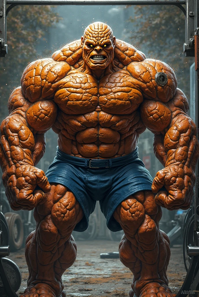 Man with cracking stone face. Human thing marvel. Very dry skin. Wear pant, shirtless. Korg. Fantastic 4 character the thing. Orange skin rock dirt skin. Wear elastic pant , no ear. Big head.blue white lo Bulking short body. Normal people body type. Ben Grimm. Fantastic 4 character,in lab . Hologram everywhere. Data. Very real.
