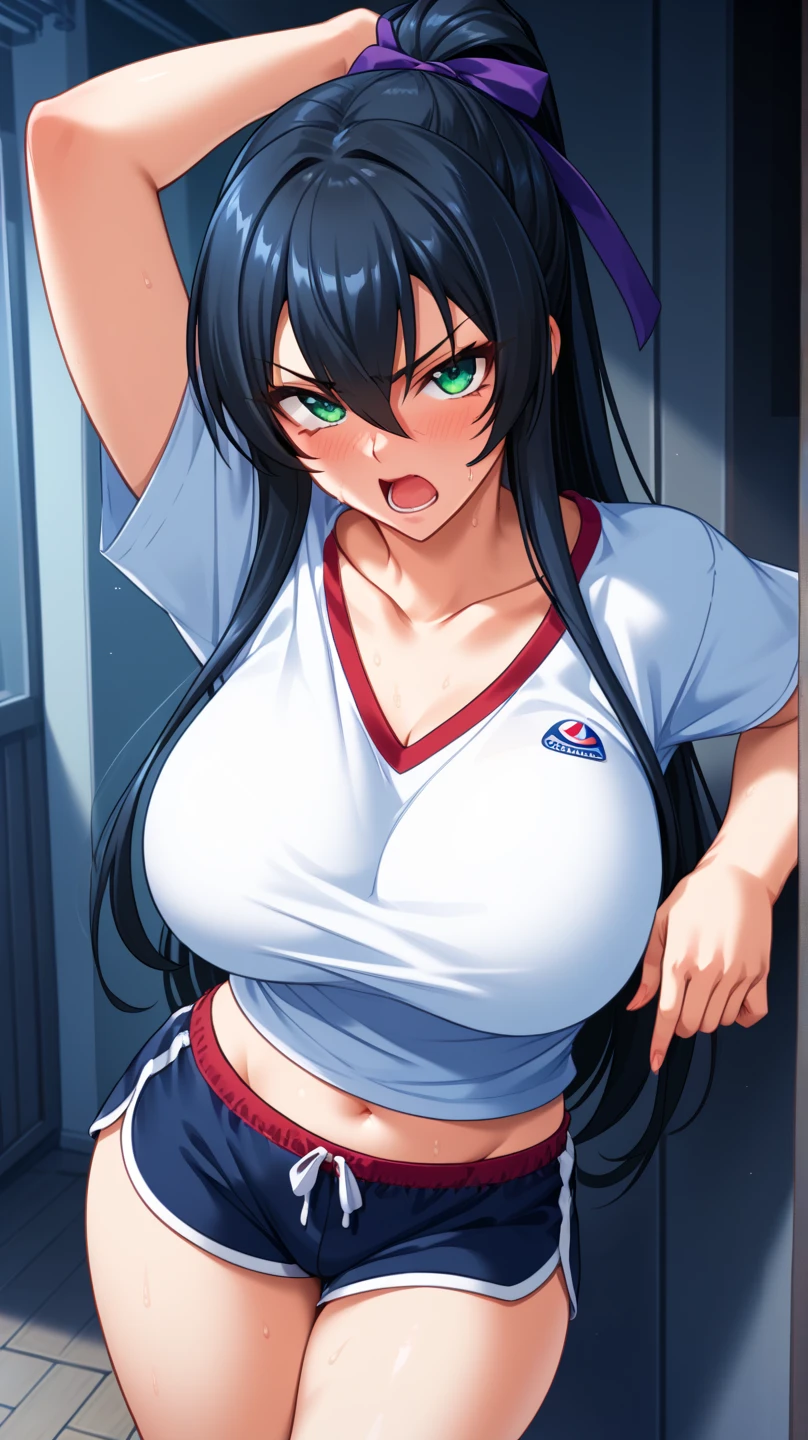 Perfect, masterpiece, (best quality, highres:1.2), 1girl, beautiful detailed eyes, beautiful detailed lips, beautiful  detailed face, long eyelashes, vivid colors, HDR, studio lighting, ultra-fine painting, sharp focus, physically-based rendering, extreme detail description, portraits, ((organized fingers)), curvy body, large breasts, perfect shape, facing viewer, sweaty, gorgeous, ((arms up)), sleeveless, straddling, smile, black hair, red eyes, armpits visible, sweaty armpits, black orange volleyball uniform,