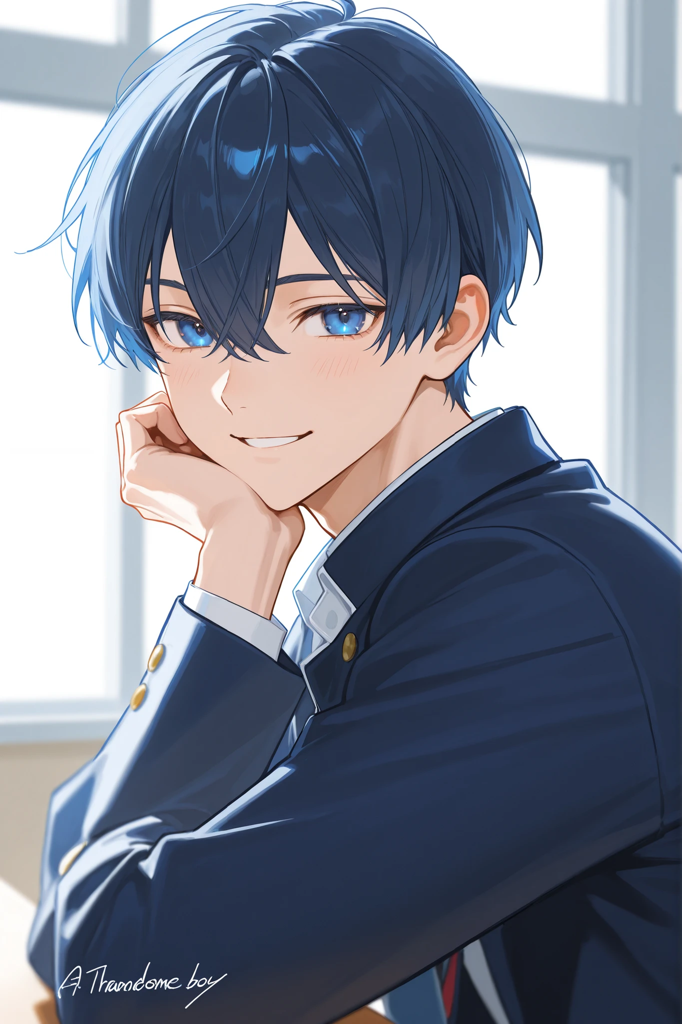 A handsome boy with blue eyes looking at you with a smile at school