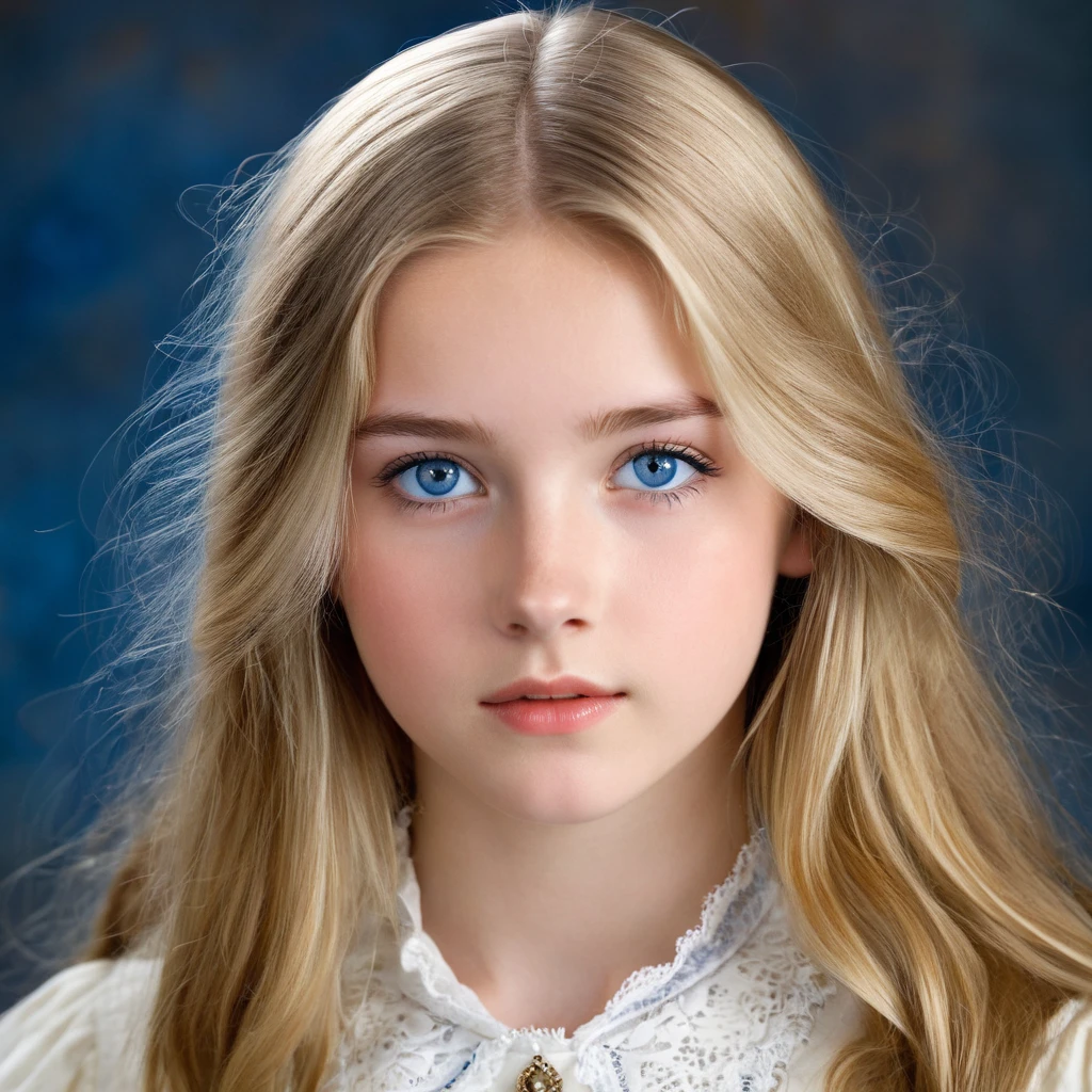 10 years old BLONDE girl, golden eyes, platinum hair girl, pearl brooch in hair, GREY BACKGROUND.