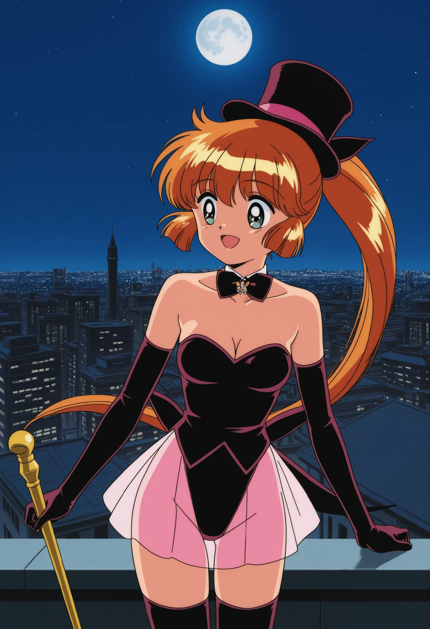 score_9, score_8_up, score_7_up,anime coloring,masterpiece, best quality, source_anime,official art,perfect_anatomy,1990s_\(style\),retro_artstyle,BREAK,nsfw,magician,saint tail,1girl,solo,18yo,long hair,orange hair,ponytail,BREAK,shoulders less, Strapless,collarbone,cleavage, breasts,elbow gloves,see-through skirt,thighhighs, zettai ryouiki,highleg,thong,top hat,magician's cane,BREAK,(looking away,smile,open mouth),dynamic action,BREAK,cowboy shot,night,full-moon,City night view,rooftop of the building,(front view:1.5)