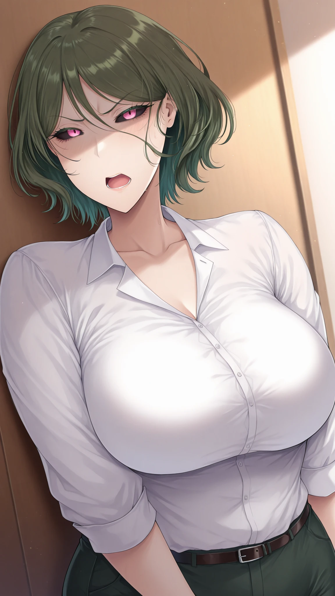 masterpiece, perfect anatomy, Precise, High Quality, 1 European girl, bob cut, light green hair, wavy, light green eyes, kind eyes, oval eyes, large breast, saliva trail, sidefellatio, (fellatio, deep throat, open clothes, breast, nipples, 1boy:1.4), (looking up:1.6)