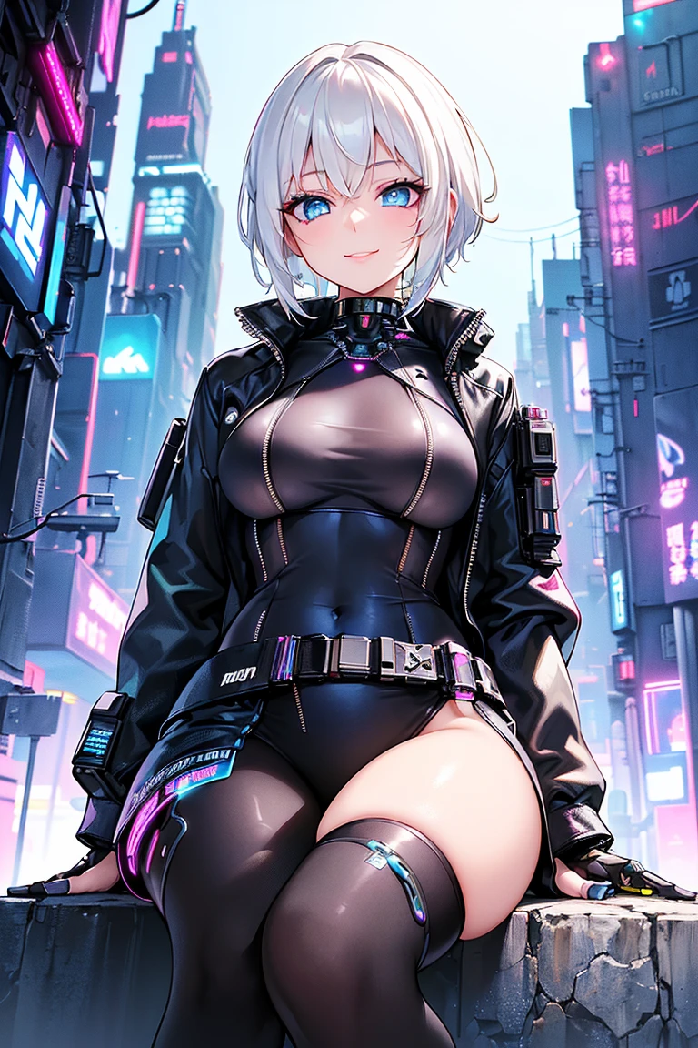 anime girl, very short hair、pink hair, beautiful blue eyes, Mecha suit figure, nice background of rainy city, 8K, High resolution、sexy pose、big smile、(wet texture:1.3)、fighting stance