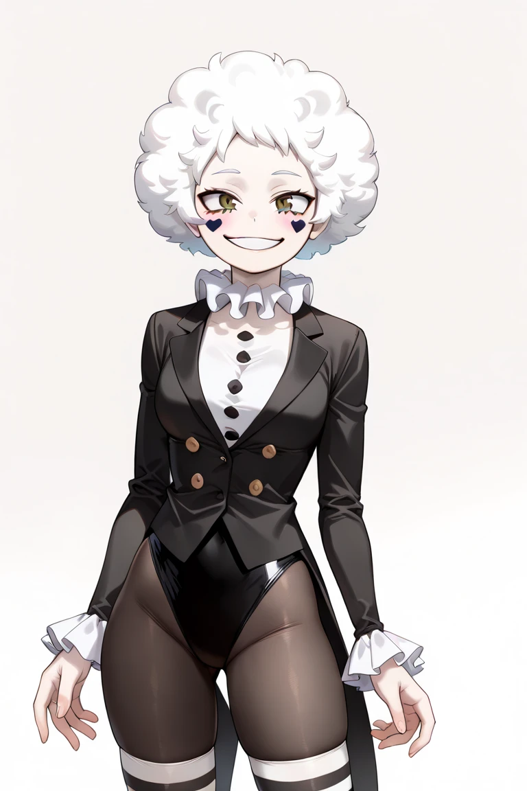 ((masterpiece, best quality,  High Resolution , 4K)), ((My Hero Academia draw style)), (Brown Eyes, Spade Pupils), ((White hair, Cloud Hair, Fluffy Hair, afro Made of clouds)), ((Female Character)), (Beautiful Eyes , Smiling, Delicate and beautiful face, White makeup, Pale skin), My Hero Academia Art Style, smooth shading, solo, Mature female, Thick thighs ((Mime Outfit, elegant outfit, Black and White, ballet leotard, Black Pantyhose, Striped Thighhighs, White and Black Thighighs, Black and White Tailcoat, Long Sleeves, Frilled Sleeves, Neck Ruff)) Standing, Mime pose
My hero academia character