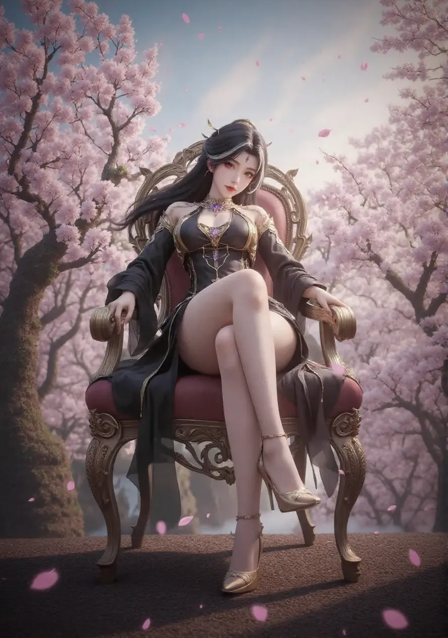 official art, unity 8k wallpaper, ultra detailed, beautiful and aesthetic, beautiful, masterpiece, best quality, Dark, atmospheric, mystery, romanticism, macabre, literature, art, fashion, Victorian, ornamental, intricate, ironwork, lace, brooding, emotional depth, supernatural, (ultra Detailed scene) , (masterpiece) , pretty girl , white thin robe , thick leg , large chest , large hips, shaped body , shaped face , Both_of_eyes_are_same , blue eyes , full body close up , putting hand like pray while standing , dark pink lips , shaped nose and ears , black straight hair , silver crown , wind blowing through the hair, thousand pink blossom twirling her like storm , ruined pray stone with rune and symble on it , has old rune as black tattoo on her neck to arm , mist under her feet , 100 mini light balls around her , (high detailed face), (ultra pretty face) , black eyebrow , short white net robe , dark scene , dark fantasy art style , magic , magic ball in her hand , pink glowing aura around her , pinkish scene , sitting on the throne and one leg is up , one leg is on the other one, showing her body, (ultra detailed face),(ultra detailed magic shape) , (ultra detailed blossom) , (ultra detailed net robe)