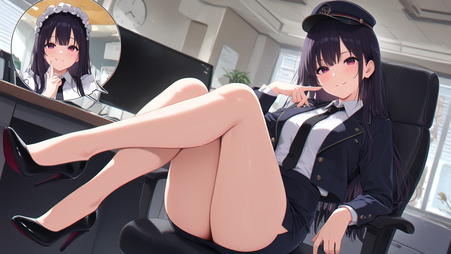 (unity 8k wallpape),(best quality),(high resolution),(ultra-detailed),(perfect anatomy),(beautiful detailed eyes),japanese mature,Beauty,slender,50yo,house wife,black hair,middlehair,policewoman,Navy blue uniform,mini skirt,White panties,(garter belt),cameltoe,(panty shot),Sitting in a chair,(open leg:1.8),Woman looking down at me,Glaring at me,Looks uncomfortable,BREAK,Office at night,Alone,Looking up from a low angle,(Women's panties in front of me),(Open your legs in front of my face),