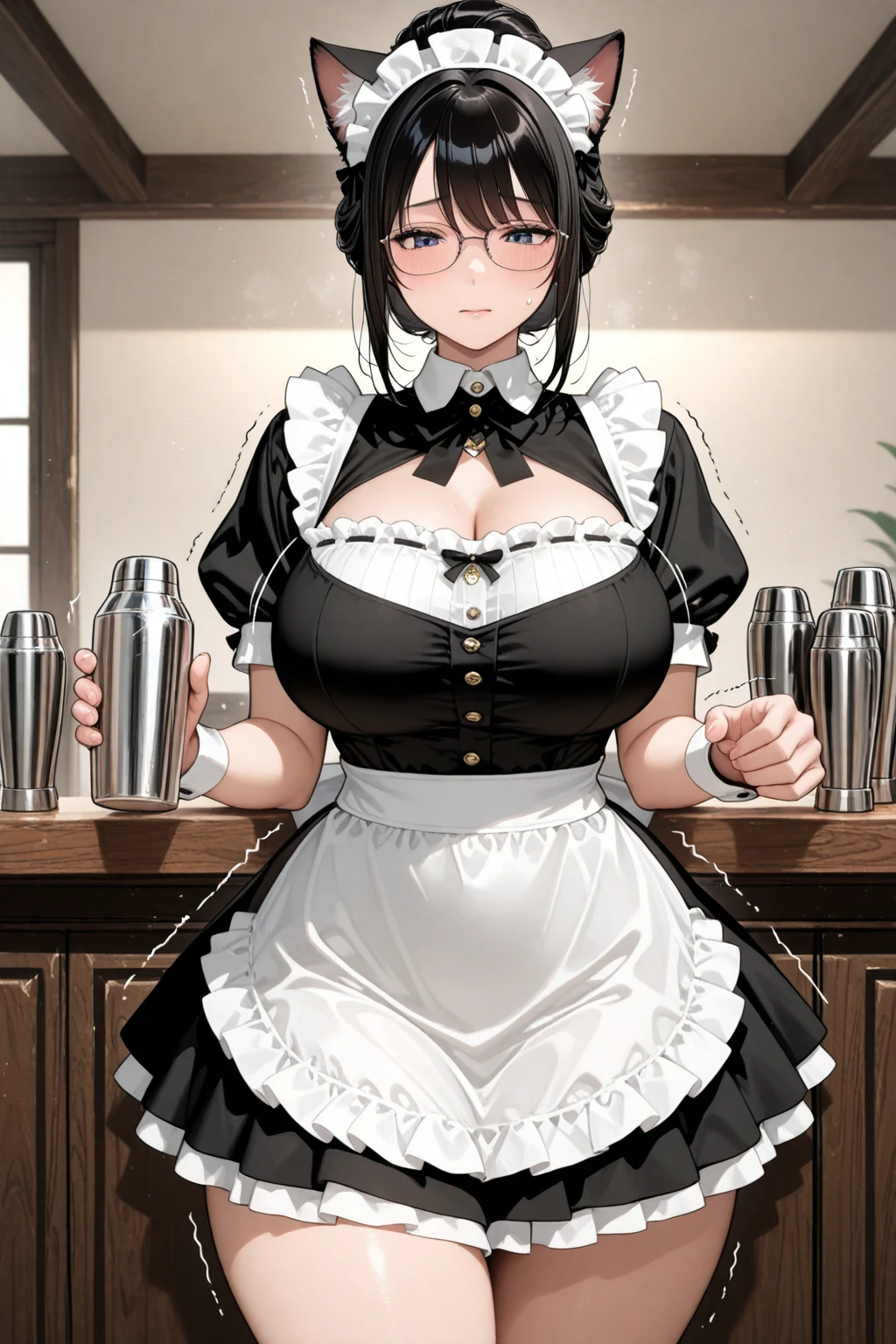 nsfw, Detailed Background, (((独奏))), ((Excellent anatomy: 1.2)), (One beautiful 35 year old woman:1.5), (Black Hair, Shortcuts, blunt bangs), Big Tits, (Blue Eyes), (Beautiful Eyes), (Miniskirt maid costume:1.3), (Silver-rimmed glasses:1.2), (Holding a tea set on a tray in her right hand), (Place your left hand on your hip), grin, Earrings, Walking inside a coffee shop, Cowboy Shot