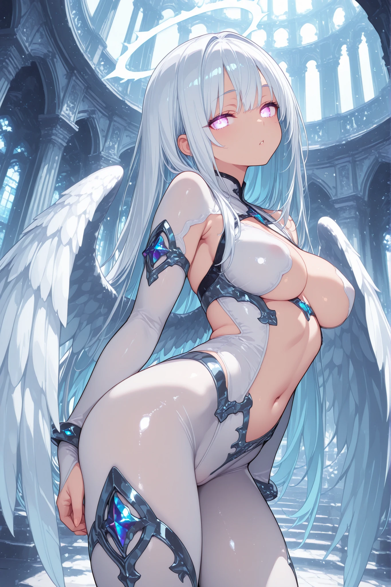 an angel girl,
silver hair,metal armor(armor with open chest area),Buster Sword,hides her vagina with her hands,white platform boots, eyes with large brown irises, blunt bangs,small mouth, fresh lips,nose blush,in nebula,
,(Full Figure),beautiful lighting, volumetric lighting, dynamic angle, looking at viewer, (photographic portrait), sharp,