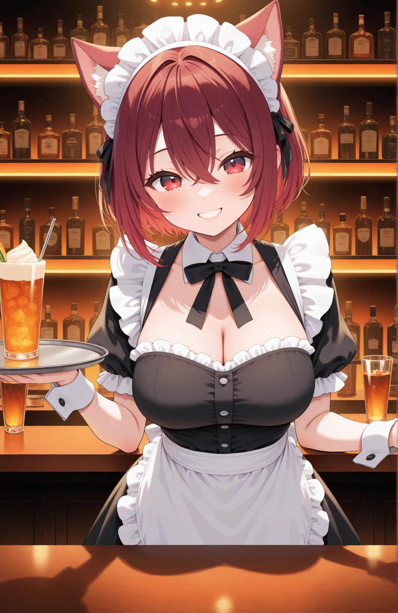 score_9, score_8_up, score_7_up, source_anime, BREAK, (((yew))), , 1girl, solo, chubby, waitress uniform, cleavage, thicc, holding a tray, breasts on tray