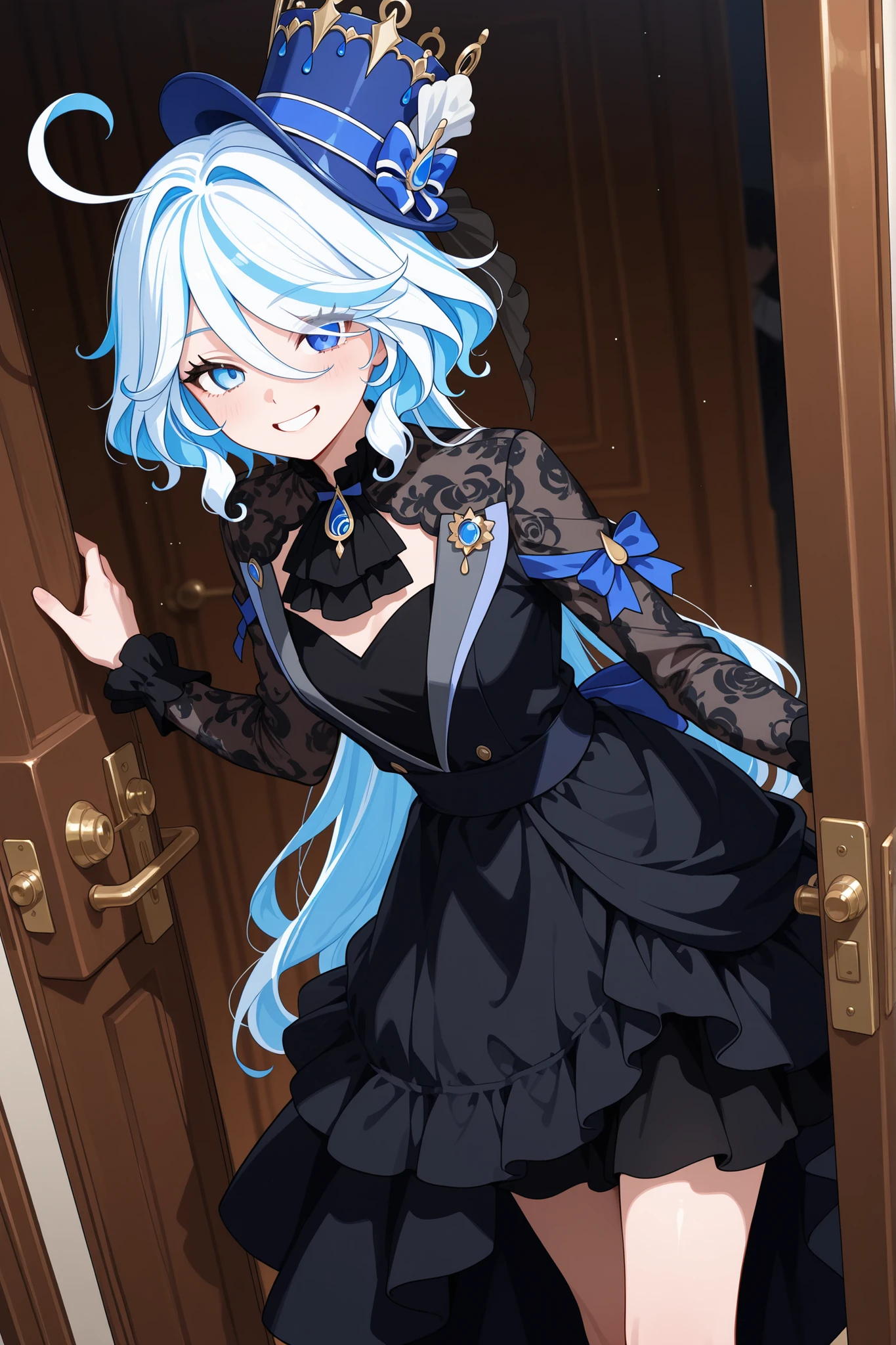 Furina wears a fancy dress in black while smiling waiting in front of the door 