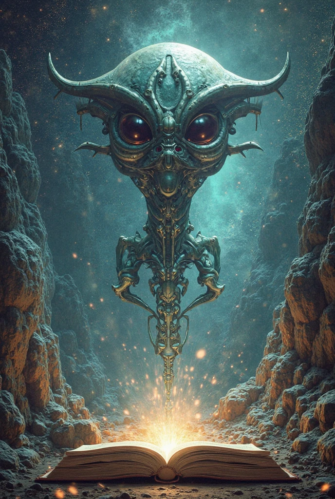 An alien creature from a galaxy far, far away,Demonstrates impressive supernatural abilities,This entity is shrouded in an aura of mystery and power.,Radiating dazzling energy and distinctly non-human features。Its sharp eyes look down upon the earth,Absorb the complexity of human culture and life。This scene is set against the backdrop of a vast, dark universe and mysterious alien structures.,The Earth is illuminated,Showing its beauty and diversity,This alien is unlike any life form on Earth