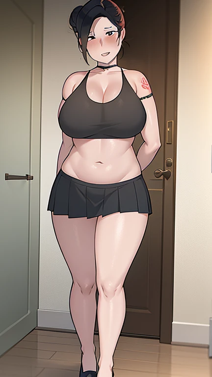 (High resolution, best quality:1.2), (40 years old:1.8), smiling, straight eyes, arms behind back, (pigeon toed:1), anime-style illustration of a housewife with huge breasts, brown hair covering one eye, wearing a metallic bikini and platform boots. She is standing in a dark room full of darkness. She has a devilish smile on her face. The background is lit by a mysterious light and there are large machines lined up.