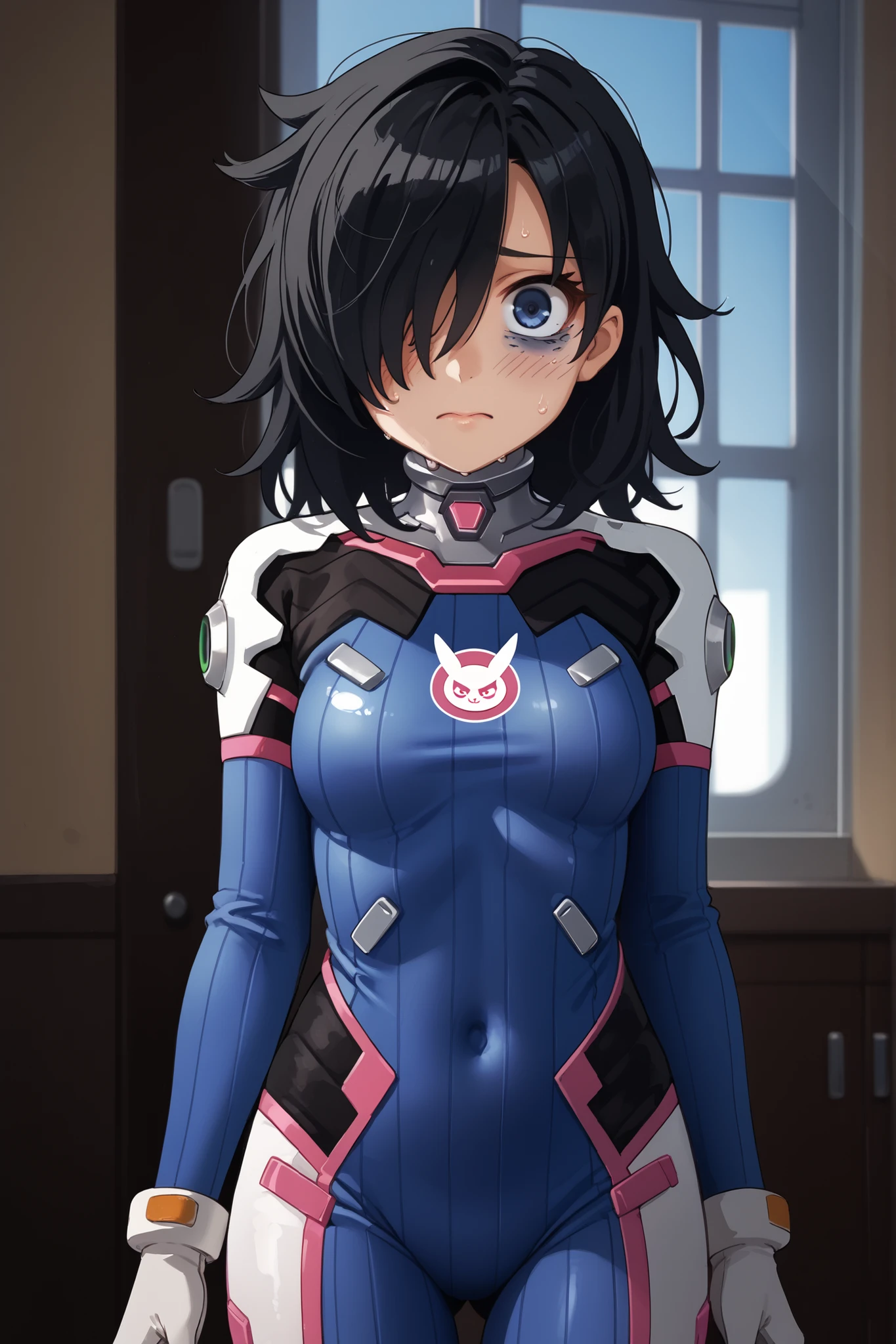 score_9, score_8_up, score_7_up,, solo, source_anime, tomokoxl, bags under eyes, hair over one eye black hair, medium hair, greasy hair, overwatch dva cosplay, d.va (overwatch) (cosplay), bodysuit, cosplay, covered navel, skin tight, vertical-striped bodysuit, standing, , indoors, blush, embarrassed, shy, dynamic angle, dynamic pose, back focused, cowboy shot, looking at viewer, nervous, sweating , indoors, light rays, window, blue sky