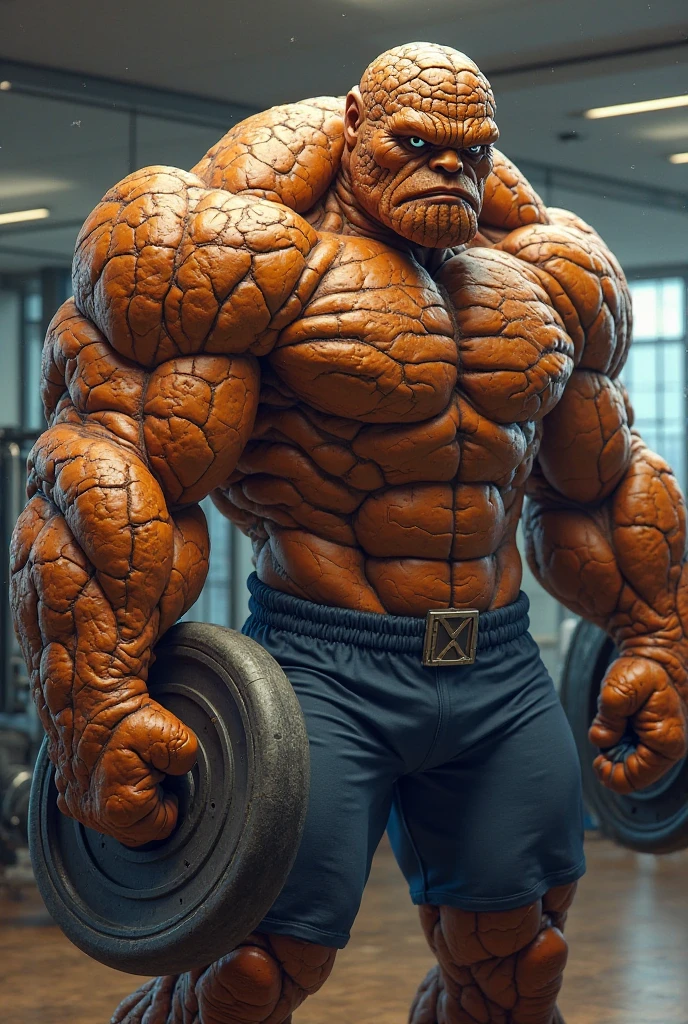 Man with cracking stone face. Human thing marvel. Very dry skin. Wear pant, shirtless. Korg. Fantastic 4 character the thing. Orange skin rock dirt skin. Wear elastic pant ,loose ear. Big head. Bulking short body. Normal people body type. Ben Grimm. Fantastic 4 character,in lab . Hologram everywhere. Data. Stone ear mount. Very chubby