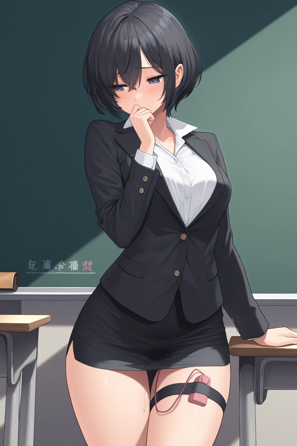 masterpiece, best quality, high definition images, atmospheric perspective, expressive eyes, perfect face, ultra detailed, solo, 1mature seductive woman alluring, teasing smile, black short bob hair, female teacher, sticking butt, leaning down, bent over, business suit, jacket, blouse, pencil skirt, tight mini skirt, lifting skirt, open legs, black panties, curvy, thighs, pantyhose, high heals, back view, from below, in study room,