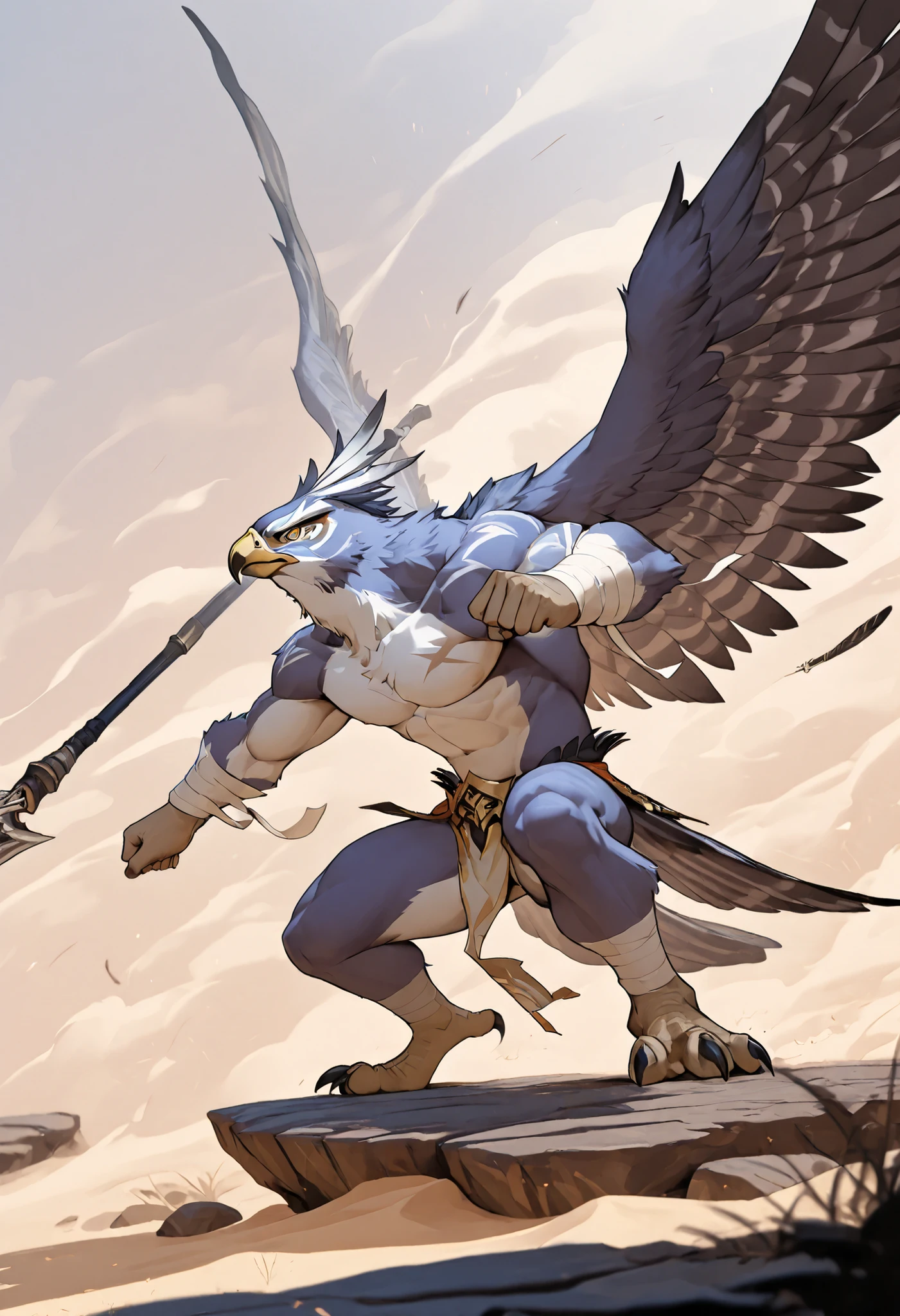 realistic, real shadow and light,depth of field, Athletic body, commission for high res, anthropomorphic, there is a falcon, White fur, fluffy, furry, topless, muscular body, bare chest, (wearing only tiny thongs), fight pose, fighting stance, in the deep woods, (fight pose), close up, (close up), holding long spear, feather circlet, huge falcon wings, feather all around, fight stance, windstorm, sandstorm, (bandage tied around the chest), (bandage), bandage arms, (long spear), fluffy, feather, see through thongs.