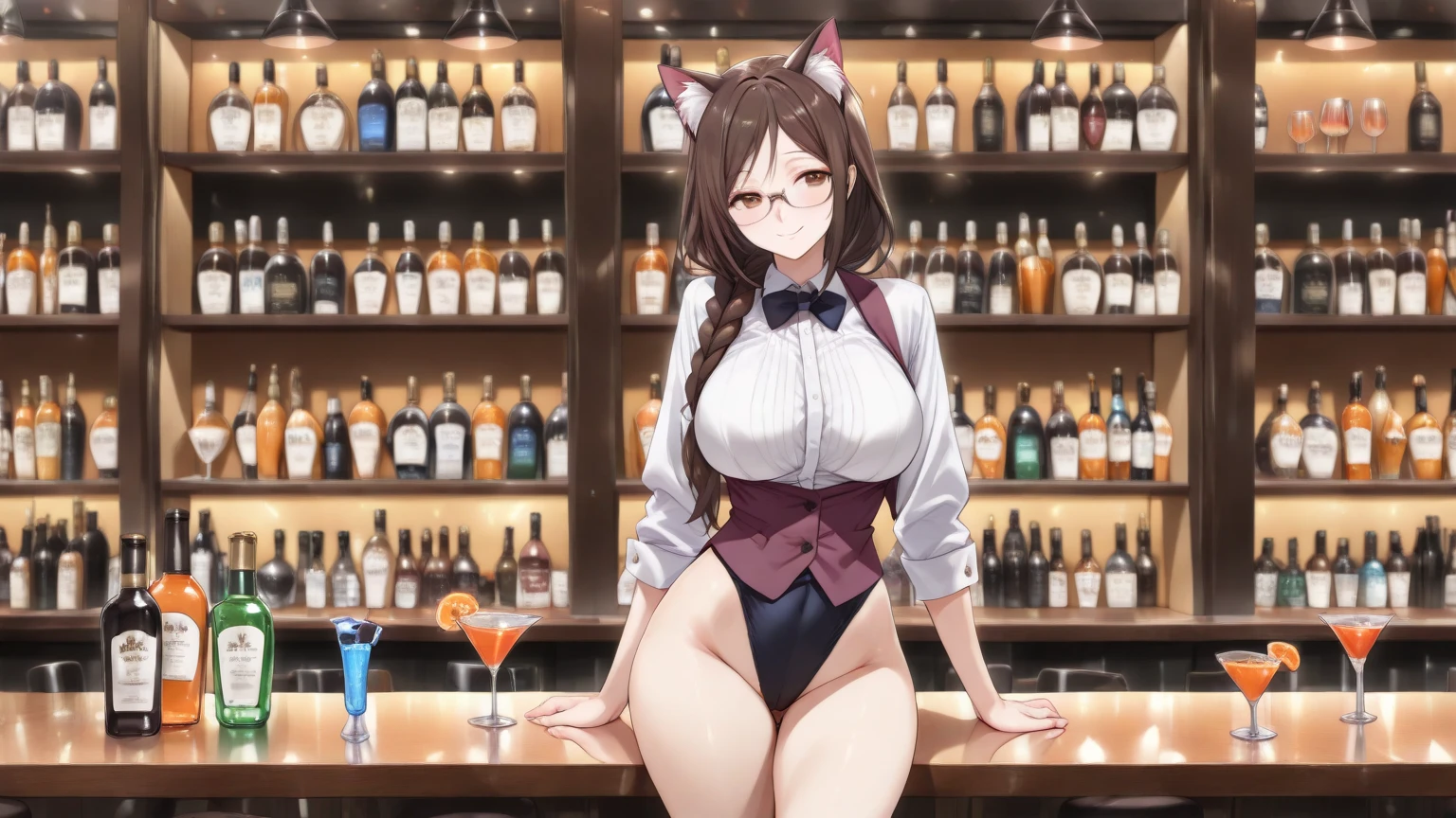 1 sola chica, Raphtalia. atractiva mujer. orejas de oso, cabello rubio-naranjo brillante cola de caballo, cabello en cola de caballo,, red eyes like rubies, sonrisa,, pale skin, pechos grandes, lingerie sexy crimson red bra and panties, dynamic pose. esta sobre un escenario dentro de un bar nocturno.