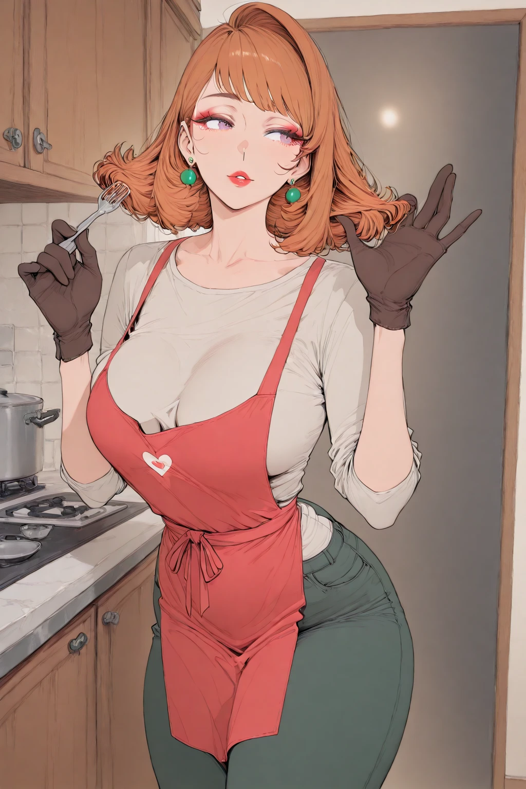 Red hair, short hair, green skirt, Open shirt, sexy underwear, White apron, big breasts, with one hand she lifts her skirt to show her panties, is crying, sad face, panties sexys, shows her breasts, shows her sexy black bra, lifts her skirt to show her panties.