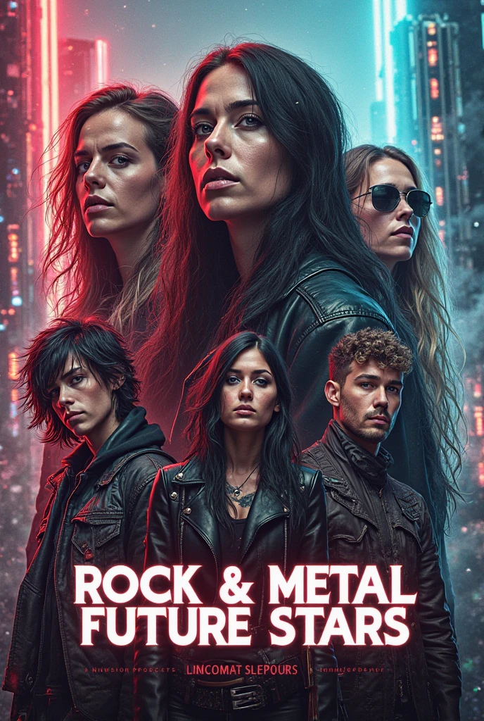 Create written poster: DESERT EAGLE PRODUCTIONS PRESENTS: In the middle put: THE ALLIANCE OF METAL The background image with 2 dark-haired warrior men and a chubby rock warrior woman with long purple hair and green eyes