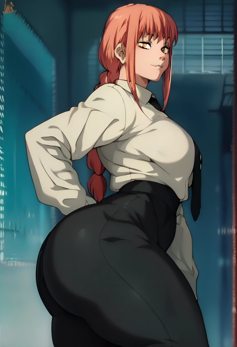 At office, wearing black bra, with red hair and braid,black hot tight jeans , has yellow and spiral eyes, sexy body, big boobs, big tits, ((pov))masterpiece, high resolution, from behind,makima\(chainsaw man\) ((perfect hands )) juicy, turning around