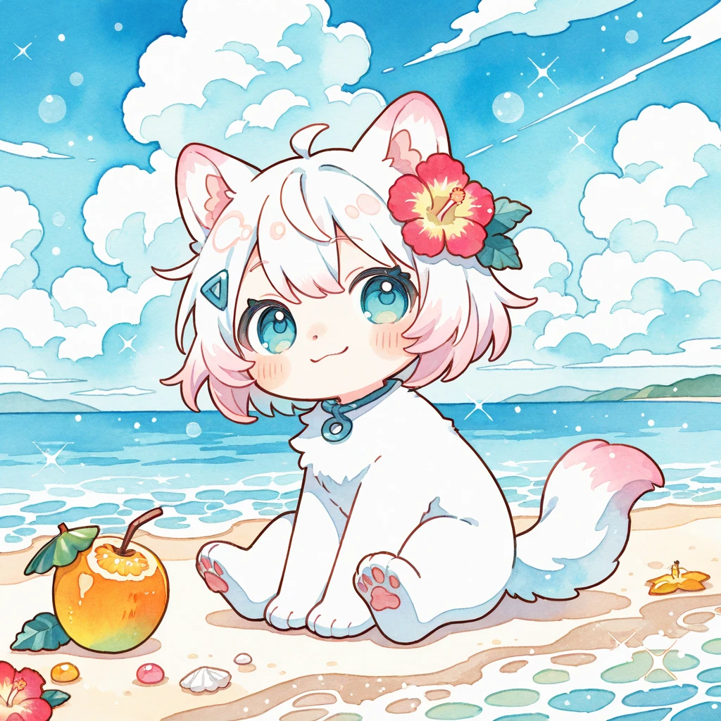 The waves bloom,Loli,elementary student,A little girl eating watermelon,独奏, (with short white hair:1.2),