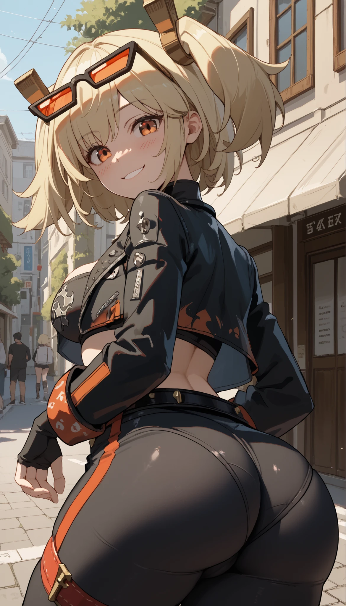 score_9, score_8_up, score_7_up, score_6_up, score_5_up, score_4_up, just describe what you want, tag1, tag2, 1girl, solo, outdoors, street,Burnice_ZZZ, orange eyes, blonde hair, short hair, two side up, hair ornament,eyewear on head, black jacket, cropped jacket, long sleeves, fingerless gloves, black tube top, turtleneck, cleavage, midriff, belt, black skirt, black thighhighs, red thigh strap,smile,close mouth,from behind,from below,(upper body:1.3),leaning forward,ass focus,blush,(((raise ASS:1.3))),(cameltoe:0.7), show off your crotch to the viewer,
