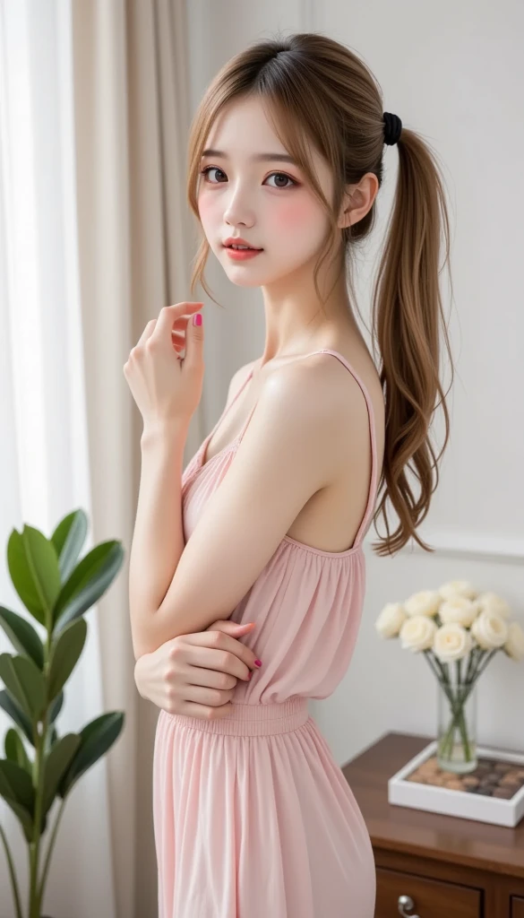 (best quality,highres:1.3), A full figure of 2 Korean girls, White skin, Gold lace camisole vest, beautiful clear eyes,Orange pupils, beautiful necklace and earringedium, Delicate slender face,Lovely lips, extremely detailed face and eyes, long red-yellow hair, beautiful upper body:1.2, random-colored shirt, short dress, in the park, medium chest, revealing cleavage