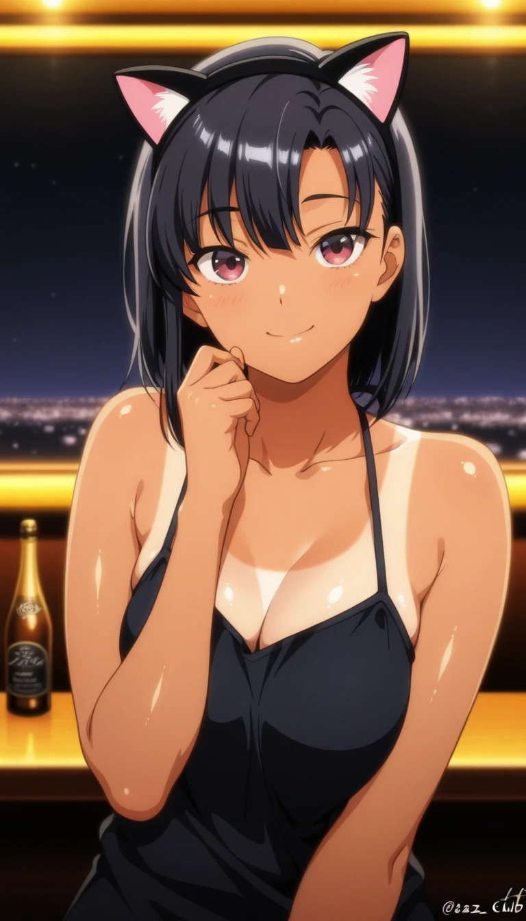 saori_ootori, strapless dress, bar, cleavage, side slit, happy, bar stool, short dress, <lora:saori_ootori_v1:0.8>, masterpiece, best quality