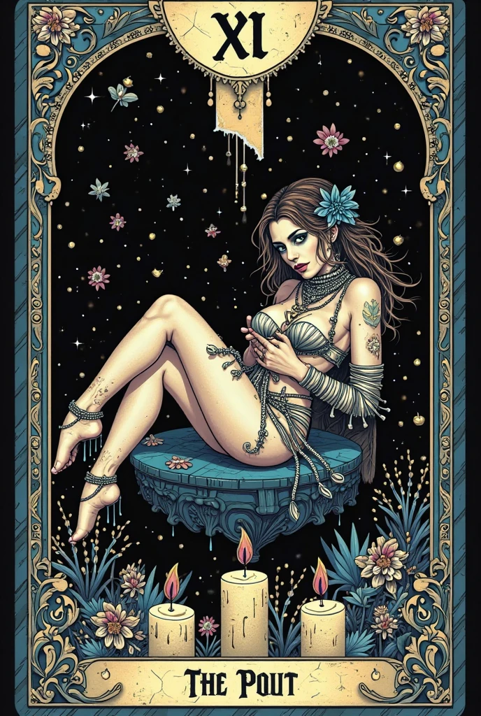 An artistic painting of a woman sitting in the middle of a magic pentagram, with tattoos on her chest, her hands tied with chains, wax around the parts of the pentagram, a glass of wine in front of her, her eyes have kohl in them, and a rose in her mouth, under the moonlight on the beach.
